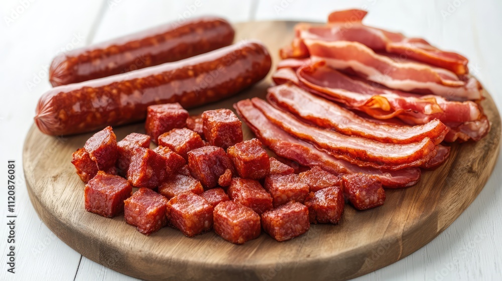 Raw sausages and diced bacon on a wooden board top view showcasing fresh meat products for culinary dishes or barbecues Raw sausages and diced bacon on a wooden board top view showcasing fresh meat products for culinary dishes or barbecues