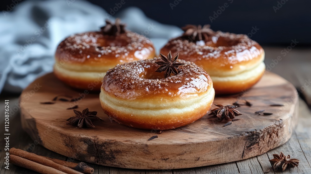 Rustic presentation of glazed anise donuts on a wooden serving board, garnished with star anise and sprinkled sugar, warm tones, culinary delight, food photography, dessert, pastries. Rustic presentation of glazed anise donuts on a wooden serving board, garnished with star anise and sprinkled sugar, warm tones, culinary delight, food photography, dessert, pastries.