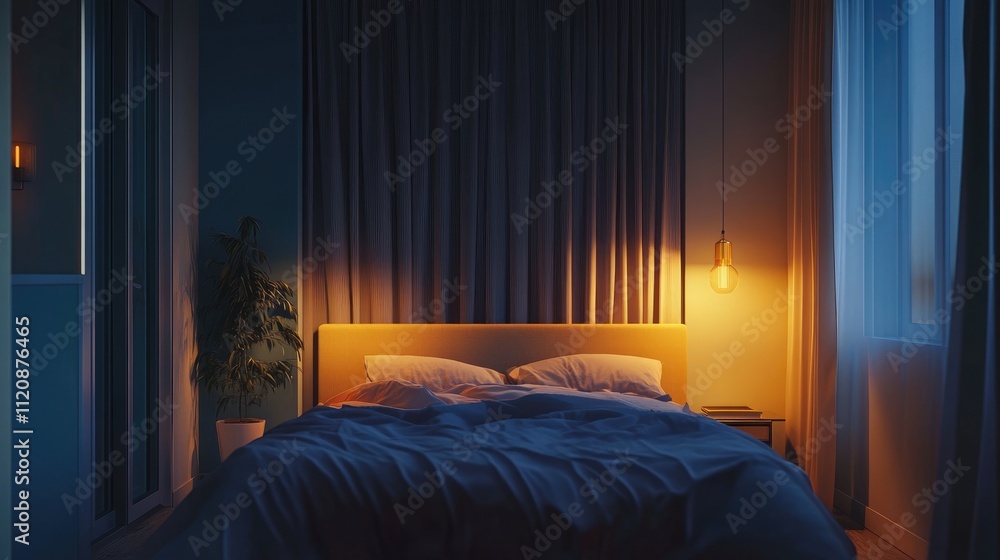 Cozy bedroom interior design in a one-room apartment with warm lighting and elegant decor suitable for relaxation and modern living. Cozy bedroom interior design in a one-room apartment with warm lighting and elegant decor suitable for relaxation and modern living.