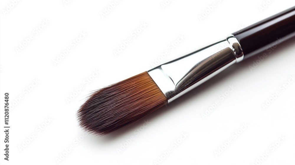 Artistic paintbrush isolated on a clean white background, highlighting its bristles and shiny metal ferrule, ideal for art supplies, craftsmanship, painting tools, creativity. Artistic paintbrush isolated on a clean white background, highlighting its bristles and shiny metal ferrule, ideal for art supplies, craftsmanship, painting tools, creativity.