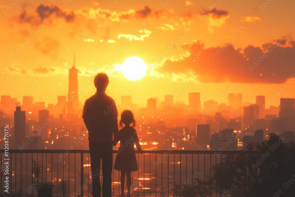Fototapeta premium Father and daughter standing on bridge at sunset overlooking city