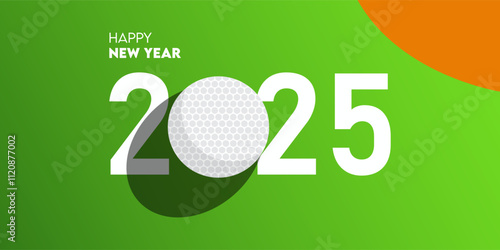 Happy new year 2025 celebration greeting card and social media post or banner design template in golf or sport concept. golf ball on field. Vector 