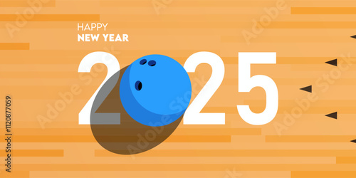 Happy new year 2025 celebration greeting card and social media post or banner design template in bowling or sport concept. bowling ball on lane. Vector.