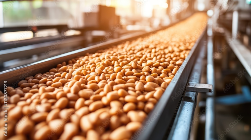 Ripe brown pine nuts in shell on conveyor belt in organic food processing factory showcasing industrial production methods Ripe brown pine nuts in shell on conveyor belt in organic food processing factory showcasing industrial production methods