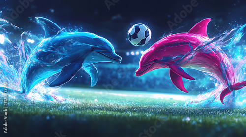 Two Dolphins Play Soccer Under A Night Sky