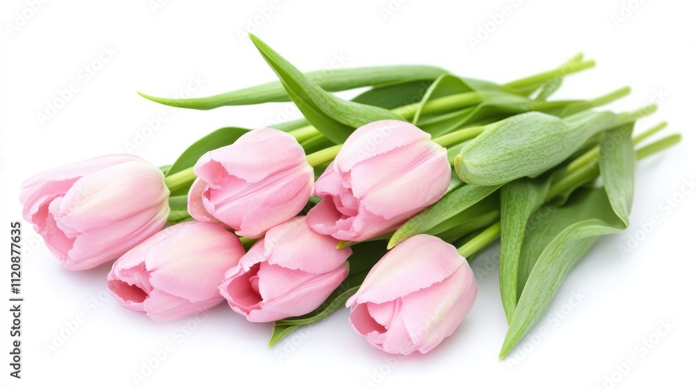 Freshly picked pink tulips arranged elegantly with vibrant green leaves on a clean white background perfect for floral designs and decorations. Freshly picked pink tulips arranged elegantly with vibrant green leaves on a clean white background perfect for floral designs and decorations.