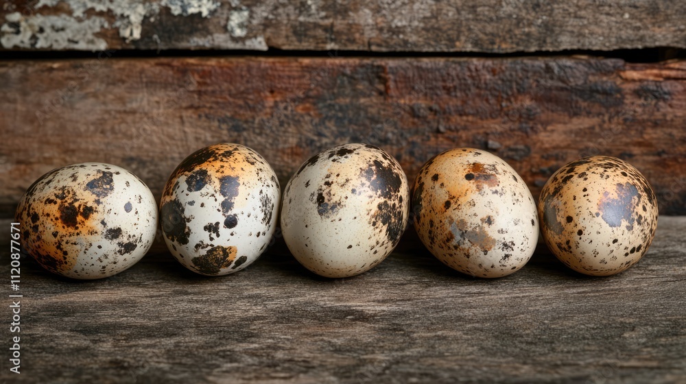 Obraz premium Quail eggs arranged artistically on a rustic wooden surface showcasing their unique speckled patterns and natural textures