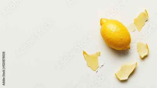 Fresh peeled lemon on a clean white background with vibrant yellow zest scattered around creating a refreshing culinary atmosphere. photo