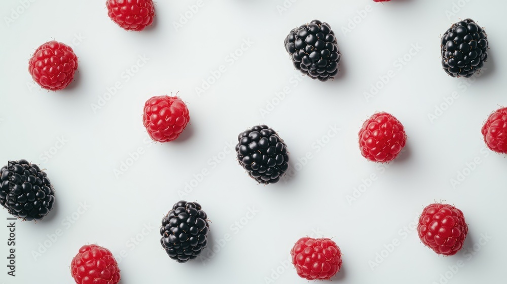 Fresh raspberries and blackberries arranged artistically on a clean white background for vibrant food styling and product photography. Fresh raspberries and blackberries arranged artistically on a clean white background for vibrant food styling and product photography.