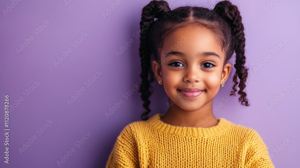 Adorable young girl with pigtails in yellow sweater smiling against a soft violet background showcasing joy and innocence. Adorable young girl with pigtails in yellow sweater smiling against a soft violet background showcasing joy and innocence.