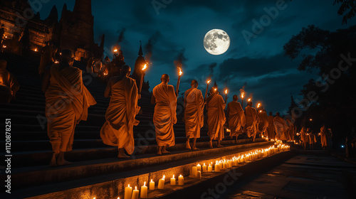 Uposatha Day, night scene with candles lit on the temple steps, monks walking slowly carrying torches in a spiritual procession, Ai generated images photo