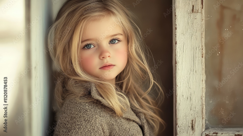 Young blonde girl in a coat gazing thoughtfully by an old wooden door showcasing innocence and charm in a soft, atmospheric setting Young blonde girl in a coat gazing thoughtfully by an old wooden door showcasing innocence and charm in a soft, atmospheric setting
