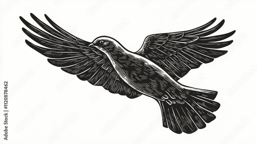 Fototapeta premium A black and white illustration of a bird in flight.