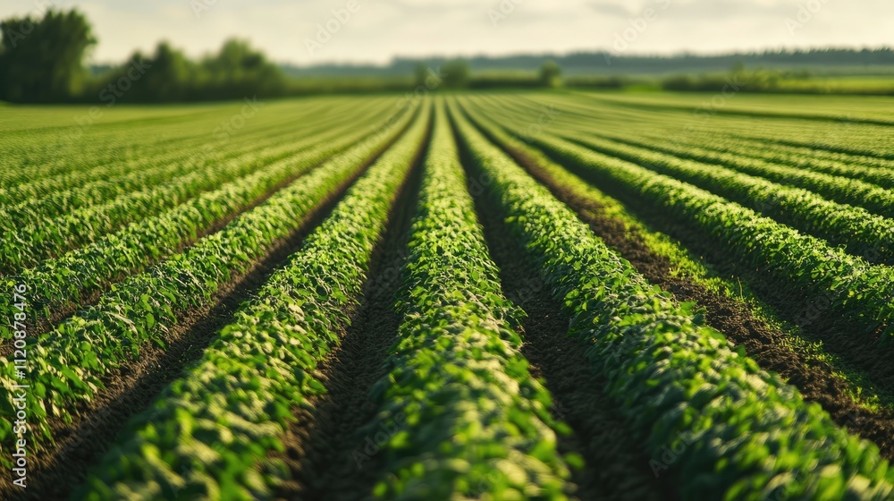Green crop field with rows of young plants in a sunny landscape showcasing agricultural growth and farming techniques in a rural setting. Green crop field with rows of young plants in a sunny landscape showcasing agricultural growth and farming techniques in a rural setting.