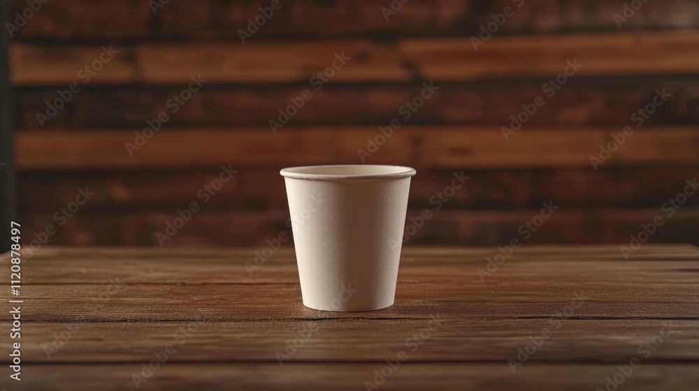 Empty disposable coffee cup on rustic wooden table with blurred wooden background ideal for branding and promotional text placement. Empty disposable coffee cup on rustic wooden table with blurred wooden background ideal for branding and promotional text placement.