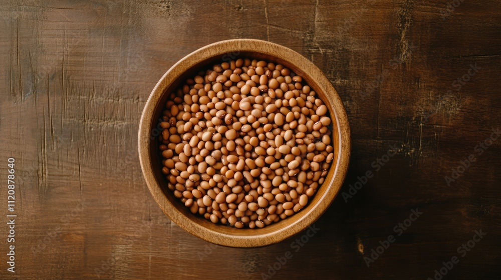 Hearty overhead view of pinto beans in a wooden bowl showcasing a nutritious addition to any meal or recipe Hearty overhead view of pinto beans in a wooden bowl showcasing a nutritious addition to any meal or recipe