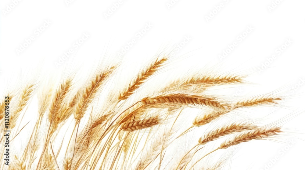 Golden wheat stalks elegantly arranged on a soft white background symbolizing harvest, nature, and agricultural abundance.