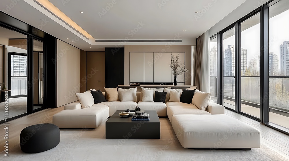 A contemporary living room featuring a beige sectional sofa, sleek black accents, and oversized glass walls showcasing a vibrant city skyline. Sunlight pours into the space, A contemporary living room featuring a beige sectional sofa, sleek black accents, and oversized glass walls showcasing a vibrant city skyline. Sunlight pours into the space,