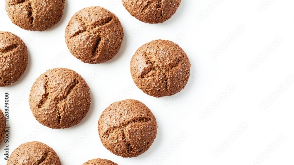 Round brown bread rolls arranged on a white background, viewed from above, highlighting texture and crust features, food, bakery, fresh baked goods, culinary.