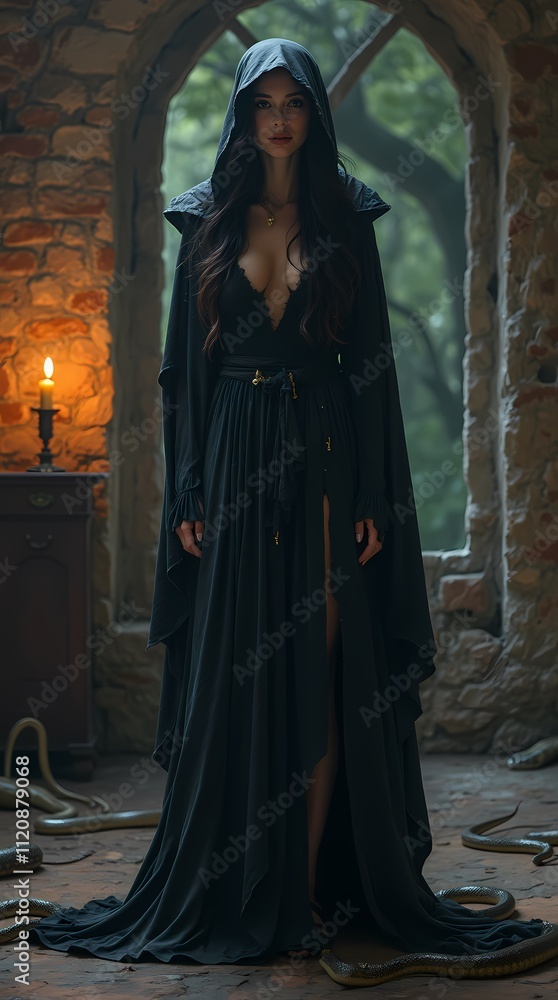 Naklejka premium A beautiful witch in a black, torn cloak stands in a candlelit castle room, with snakes crawling at her feet