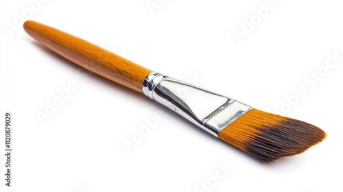 Artistic paintbrush with wooden handle and flat bristles isolated on clean white background for creative design and art projects. photo