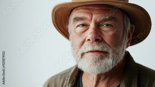 Senior man with a warm expression and a straw hat, positioned against a clean white background, capturing personality and character, portrait, lifestyle, elderly, authenticity.