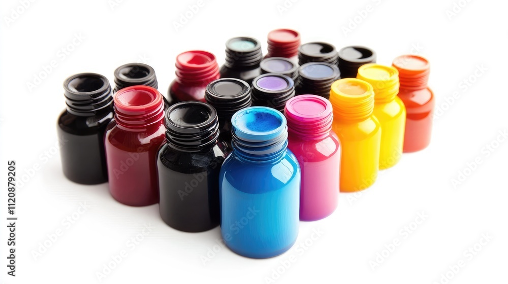 Vibrant printing inks in various colors arranged on a white background for creative design projects and artistic applications