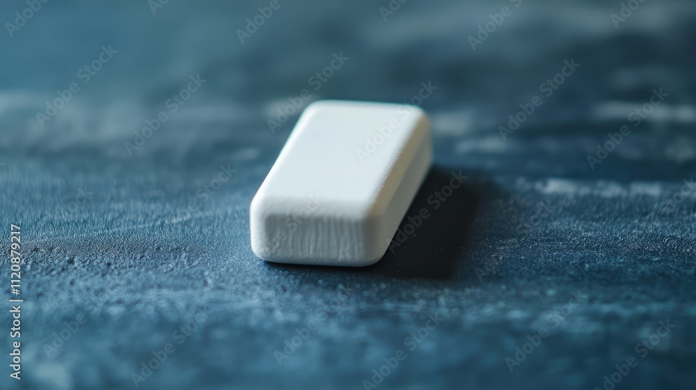 White rectangular eraser resting on a textured blue surface, featuring clean edges and smooth surface, stationery item, office supplies, minimalistic composition. White rectangular eraser resting on a textured blue surface, featuring clean edges and smooth surface, stationery item, office supplies, minimalistic composition.