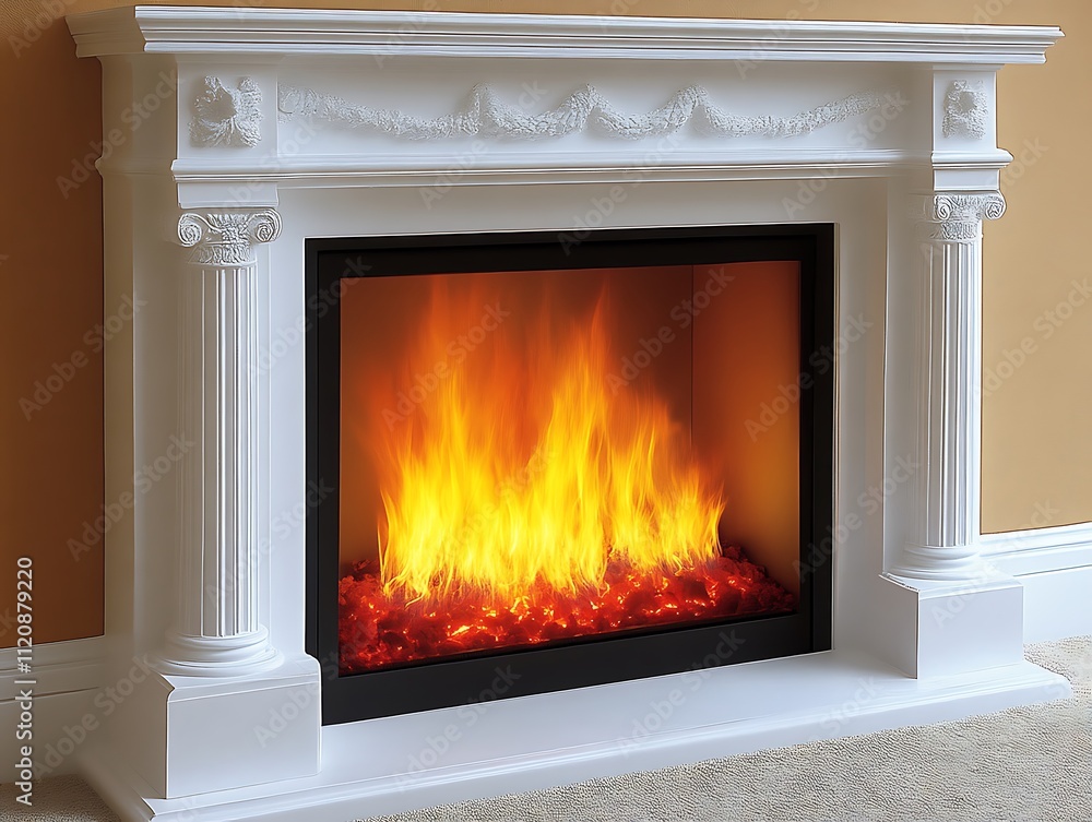 Elegant White Fireplace With Realistic Flames Burning Elegant White Fireplace With Realistic Flames Burning
