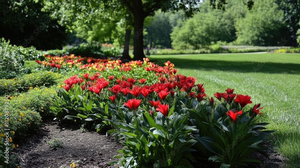 Vibrant red alstroemeria flowers blooming in lush garden beds surrounded by green foliage in a peaceful park setting Vibrant red alstroemeria flowers blooming in lush garden beds surrounded by green foliage in a peaceful park setting
