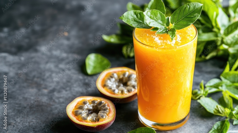 Passion fruit juice in a glass with fresh passion fruits and leaves on a dark textured background close up of tropical refreshment Passion fruit juice in a glass with fresh passion fruits and leaves on a dark textured background close up of tropical refreshment