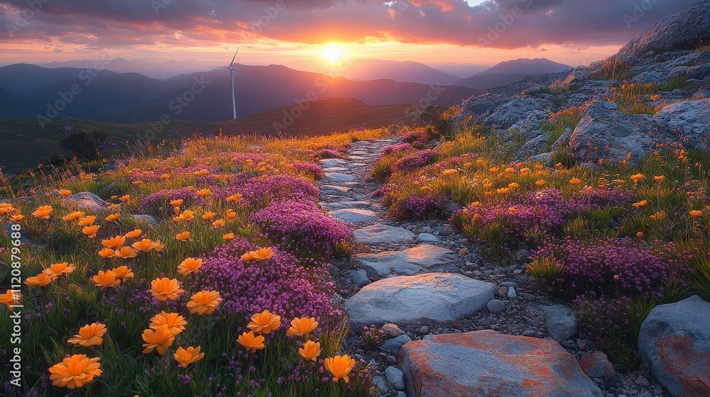 Fototapeta premium Serene Landscape at Sunset with Colorful Wildflowers and Rocky Pathway Leading to Wind Turbine in the Distance, Capturing Nature's Beauty and Tranquility