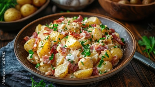 Farmhouse style potato salad with bacon and roasted potatoes served on rustic wooden table garnished with fresh parsley