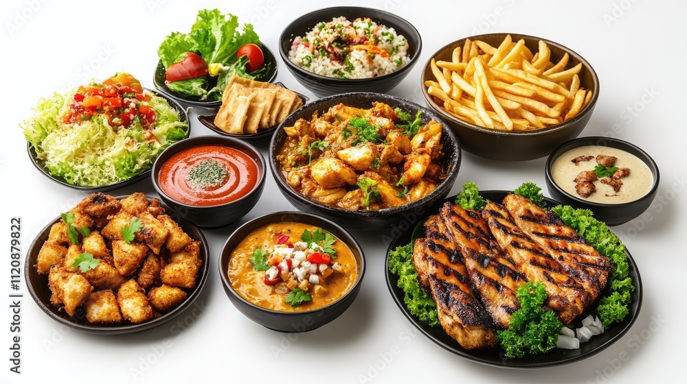 Ramadan Kareem Festive Feast Top View Assorted Traditional Dishes Including Soups Salads Curries and Samosas on White Background Ramadan Kareem Festive Feast Top View Assorted Traditional Dishes Including Soups Salads Curries and Samosas on White Background
