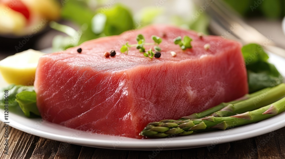 Fresh raw tuna steak elegantly plated with asparagus and salad on a wooden table setting Fresh raw tuna steak elegantly plated with asparagus and salad on a wooden table setting