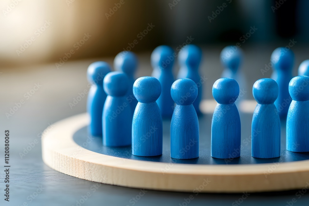 A group of blue wooden figurines standing in a circle on a dark, round surface. The background is blurred A group of blue wooden figurines standing in a circle on a dark, round surface. The background is blurred