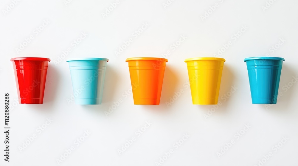 Colorful plastic cups arranged on a plain white background, featuring red, light blue, orange, yellow, and dark blue cups, vibrant, product display, party supplies, minimalistic design. Colorful plastic cups arranged on a plain white background, featuring red, light blue, orange, yellow, and dark blue cups, vibrant, product display, party supplies, minimalistic design.