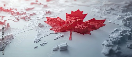 3D map showing Canada as a textured red maple leaf.
