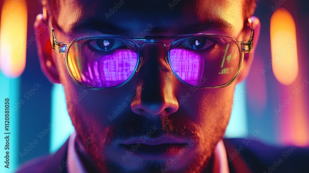 Businessman wearing Virtual Reality glasses with a hologram reflection on the lenses, illuminated by vibrant neon lights, modern technology, innovation, digital future. Businessman wearing Virtual Reality glasses with a hologram reflection on the lenses, illuminated by vibrant neon lights, modern technology, innovation, digital future.