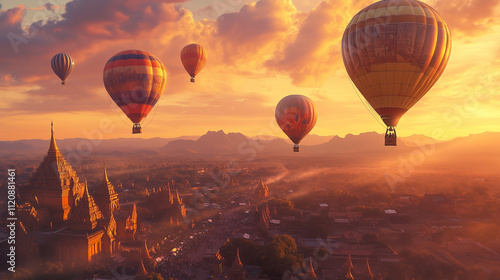 Bagan Temple Festival, Hot air balloons decorate the morning sky above the Bagan temple complex, Ai generated images photo