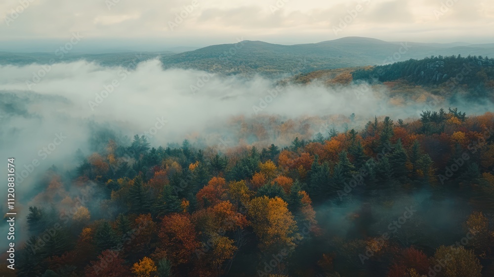 Aerial view of Poet's Seat Tower at sunrise, featuring low fog enveloping a vibrant New England forest in autumn colors, highlighting rich fall foliage and serene natural beauty, landscape, travel, Ma Aerial view of Poet's Seat Tower at sunrise, featuring low fog enveloping a vibrant New England forest in autumn colors, highlighting rich fall foliage and serene natural beauty, landscape, travel, Ma