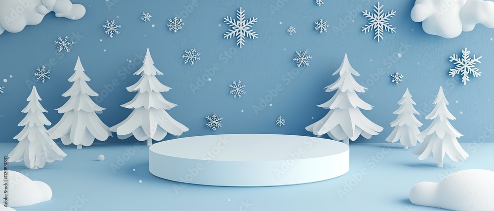 Obraz premium Winter wonderland scene with a podium, snow, and trees.