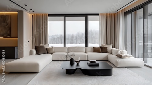 A minimalist monochrome living room with a white L-shaped sectional sofa  a simple black coffee table  and floor-to-ceiling windows showcasing a snowy mountain view.