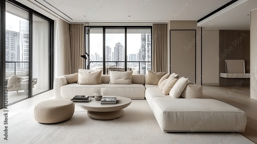 A refined modern living room with a white modular sectional sofa, minimalist geometric decor, and floor-to-ceiling windows offering a panoramic cityscape view. The space is filled with warm daylight, A refined modern living room with a white modular sectional sofa, minimalist geometric decor, and floor-to-ceiling windows offering a panoramic cityscape view. The space is filled with warm daylight,