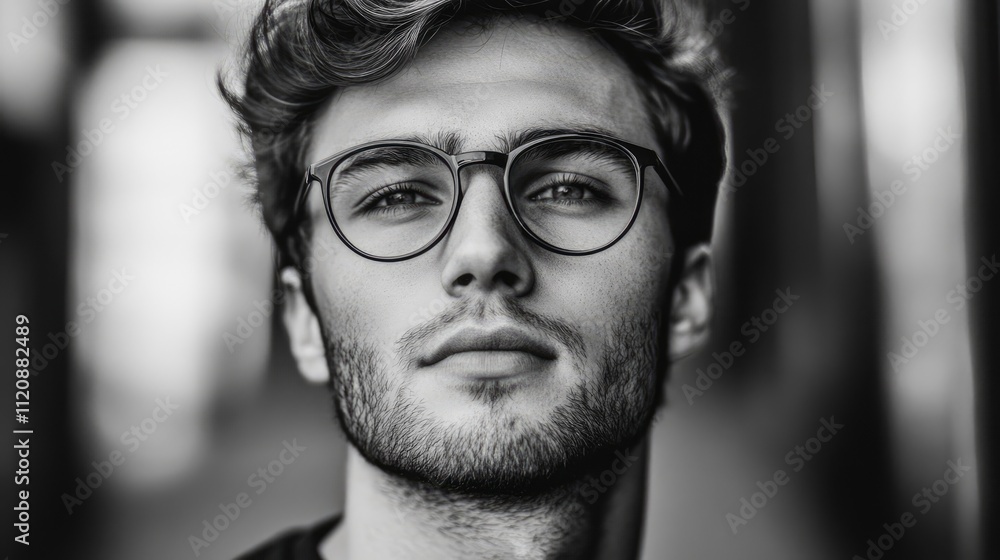 Black and white portrait of a sophisticated young man with stylish glasses, featuring a thoughtful expression, soft lighting, depth of field, fashion, portrait photography, monochrome. Black and white portrait of a sophisticated young man with stylish glasses, featuring a thoughtful expression, soft lighting, depth of field, fashion, portrait photography, monochrome.