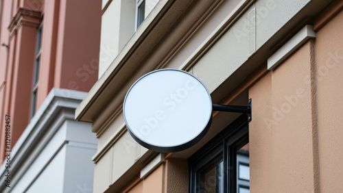 Blank Round Signboard Mockup for Storefront Branding and Advertising photo