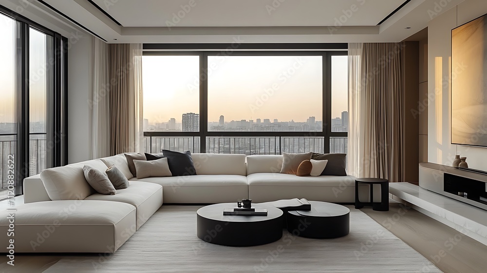 A sleek living room design with a compact white sectional sofa, clean and minimal decor, and floor-to-ceiling windows framing a vibrant city skyline. The room is bathed in golden-hour sunlight, A sleek living room design with a compact white sectional sofa, clean and minimal decor, and floor-to-ceiling windows framing a vibrant city skyline. The room is bathed in golden-hour sunlight,