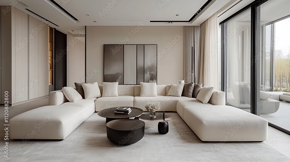 A spacious living room with a cream-colored sectional sofa, minimalist artwork on white walls, and oversized windows showcasing a lush garden view. Soft natural light filters through the glass, A spacious living room with a cream-colored sectional sofa, minimalist artwork on white walls, and oversized windows showcasing a lush garden view. Soft natural light filters through the glass,