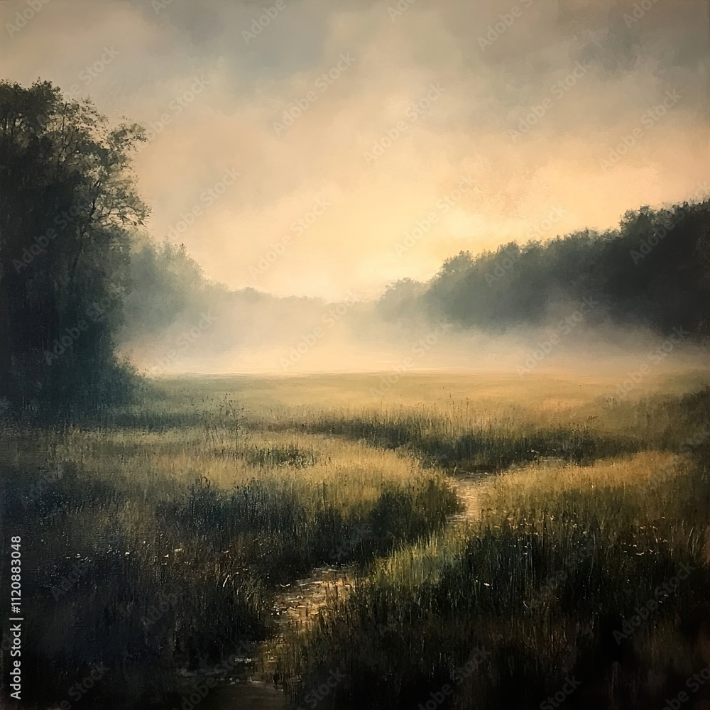 Misty Dawn Landscape: Serene Sunrise over Golden Field Misty Dawn Landscape: Serene Sunrise over Golden Field