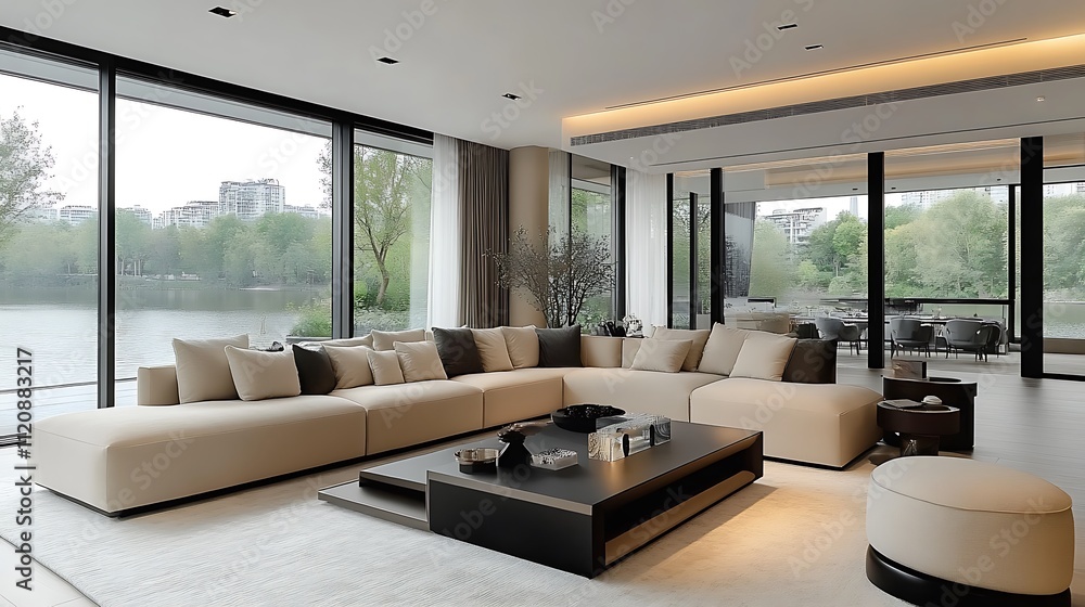 An open-concept living room with a cream-colored sectional sofa, minimalist decor, and oversized glass walls showcasing a serene lakeside view. The natural light floods the room, An open-concept living room with a cream-colored sectional sofa, minimalist decor, and oversized glass walls showcasing a serene lakeside view. The natural light floods the room,